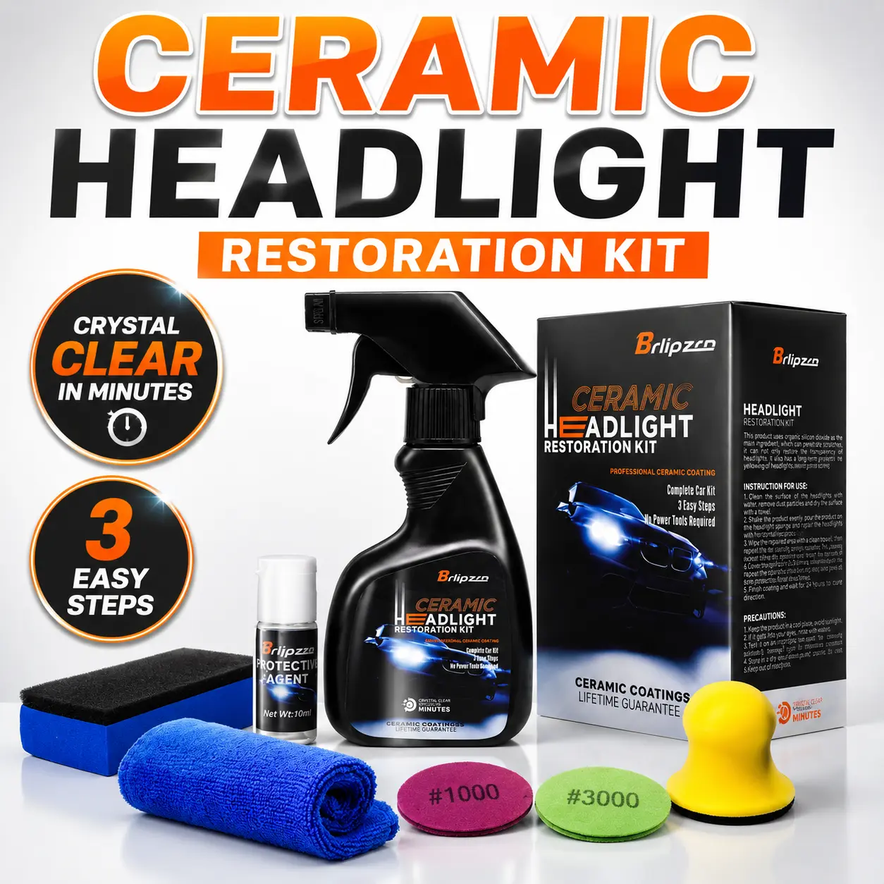 Ceramic Headlight Restoration Kit – 3 Easy Steps, No Tools Needed, Professional Ceramic Coating with Lifetime Guarantee, Removes Oxidation & Yellowing for Crystal Clear Vision