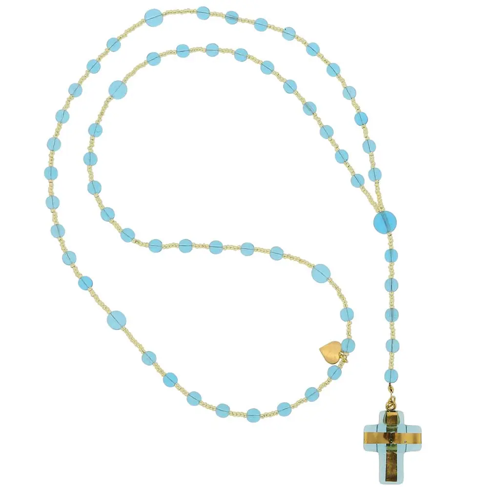 Women's Handmade Glass Of Venice Murano Glass Italian Rosary Necklace, Light Blue, Approx. 30"-Cross Design for Special Occasions