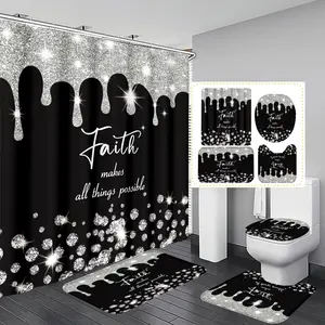 Silver Color Sparkle Text Motivational Pattern Polyester Insulated Home Decor Bathroom Curtain Set with 12 Hooks, Bath Mat, U-Shaped Pad, Round Toilet Cover Pad Shower Curtain Sets