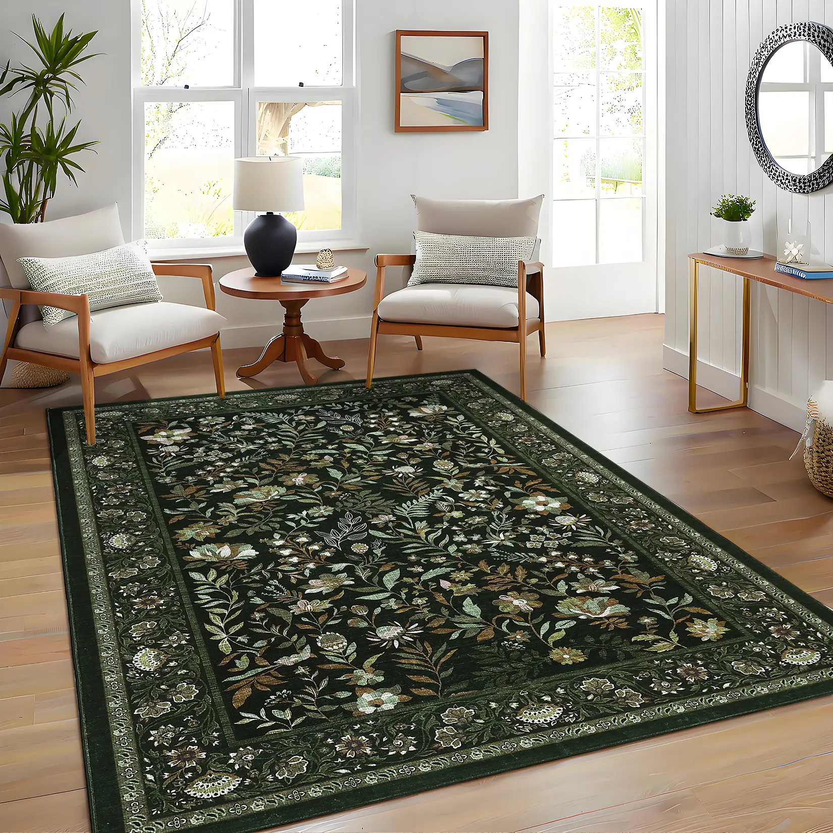 Washable Botanical Print Carpet Short Pile Floral Print Rug Indoor Foldable Floor Cover for Living Room Dining Room Office Farmhouse