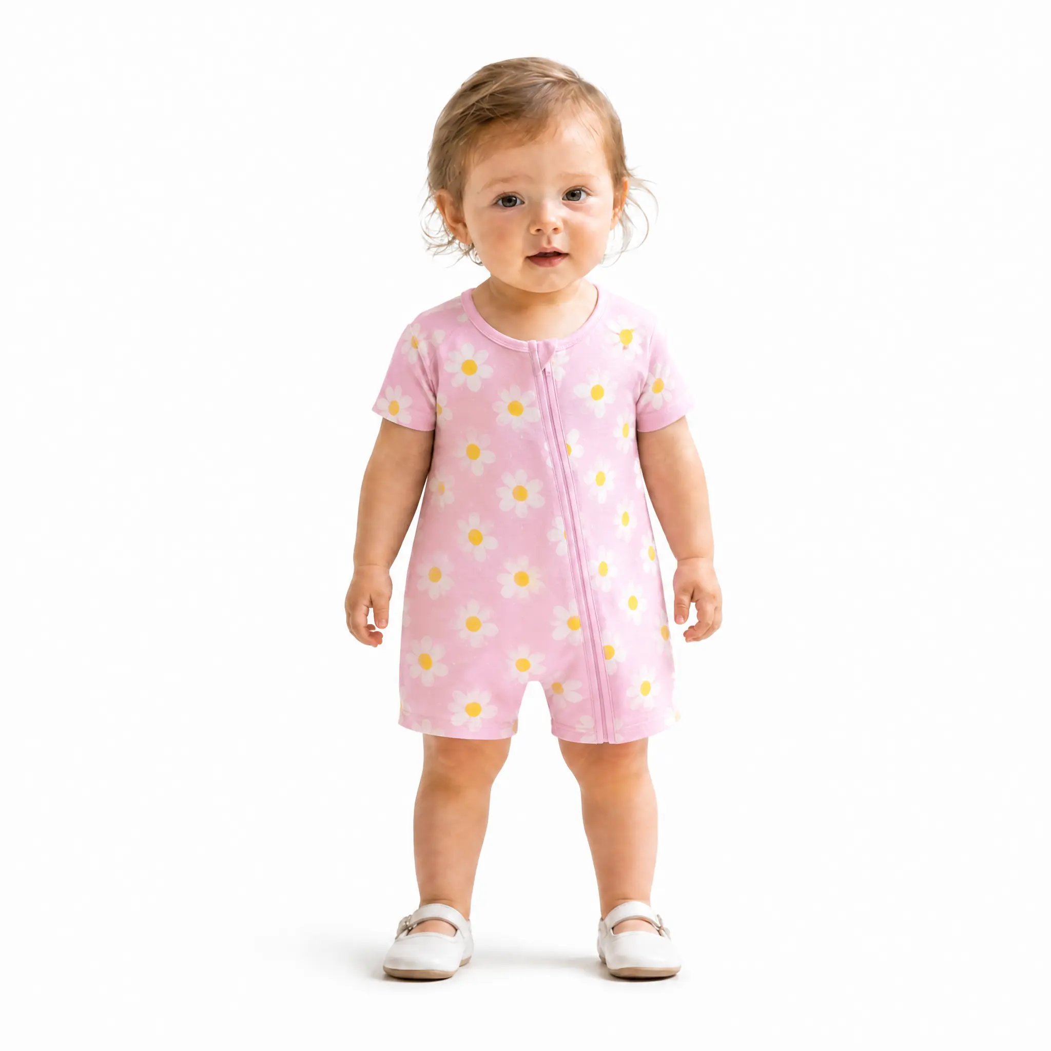 mossriver Baby Jumpsuit, Daisy Print Front Zip Bodysuit in Soft Bamboo, Breathable Fabric Pajamas for Sleep & Play, Low Iron, Plants, One-Piece