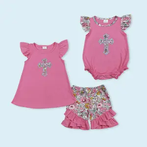 Embroidery floral cross kids girls Easter outfit