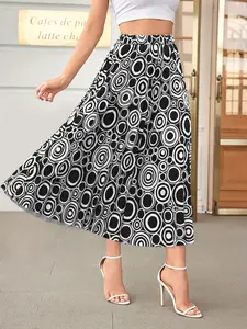 Elegant Women's Floral Geometric Pleated Midi Skirt, Slimming Fitted A-Line Design with Vertical Ruffles, Versatile for Office, Parties, Daily Wear