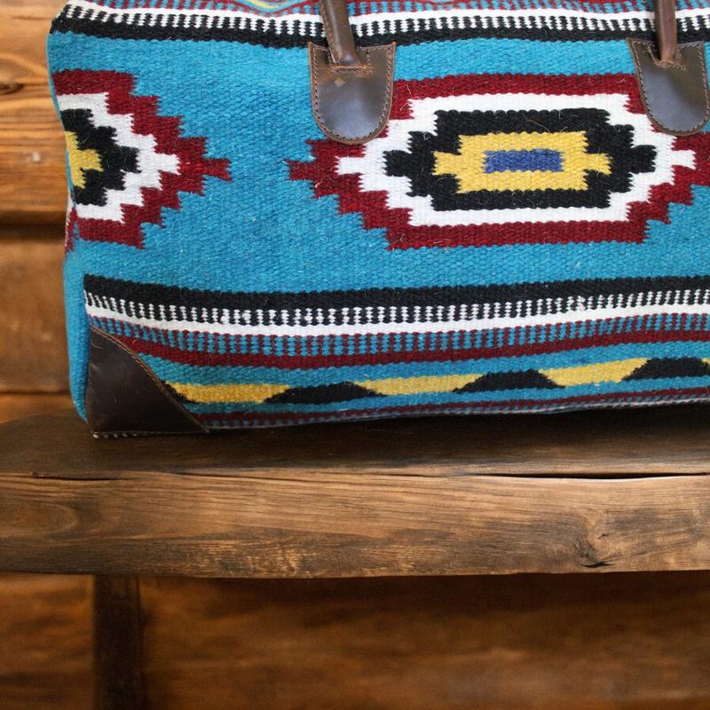 Boho Aztec Large Weekender Southwestern Duffel Bag El Mar Saddle Blanket Bag 100% Leather Handles