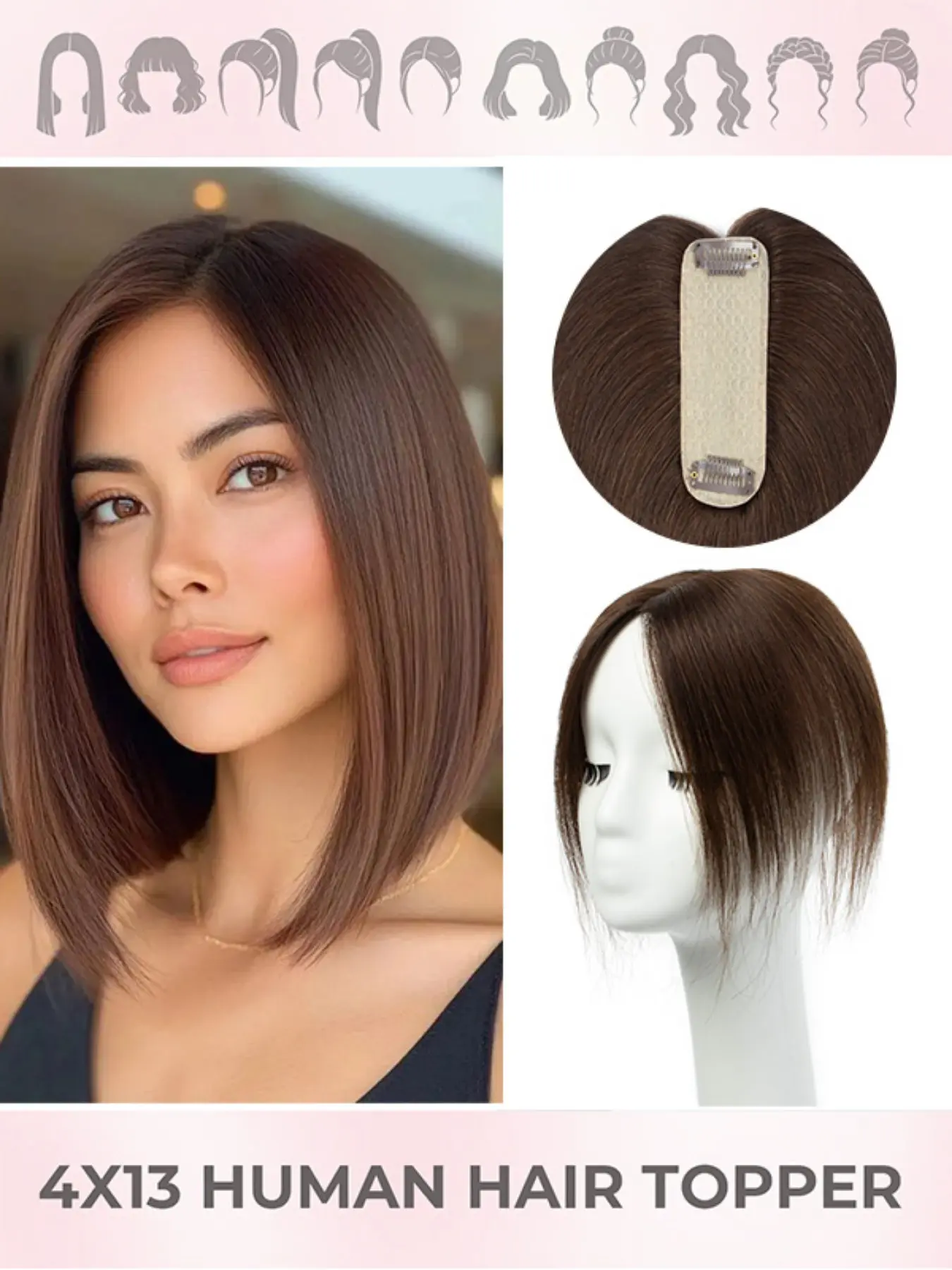 4*13 Real Human Topper Hair Extensions Long Base Intranet Human Hair Toppers for Women with Thinning Hair, Base Real Human Hair Clip in Top Wiglet Hairpieces 25.4 cm No Bangs Topper Wig Easy to Wear