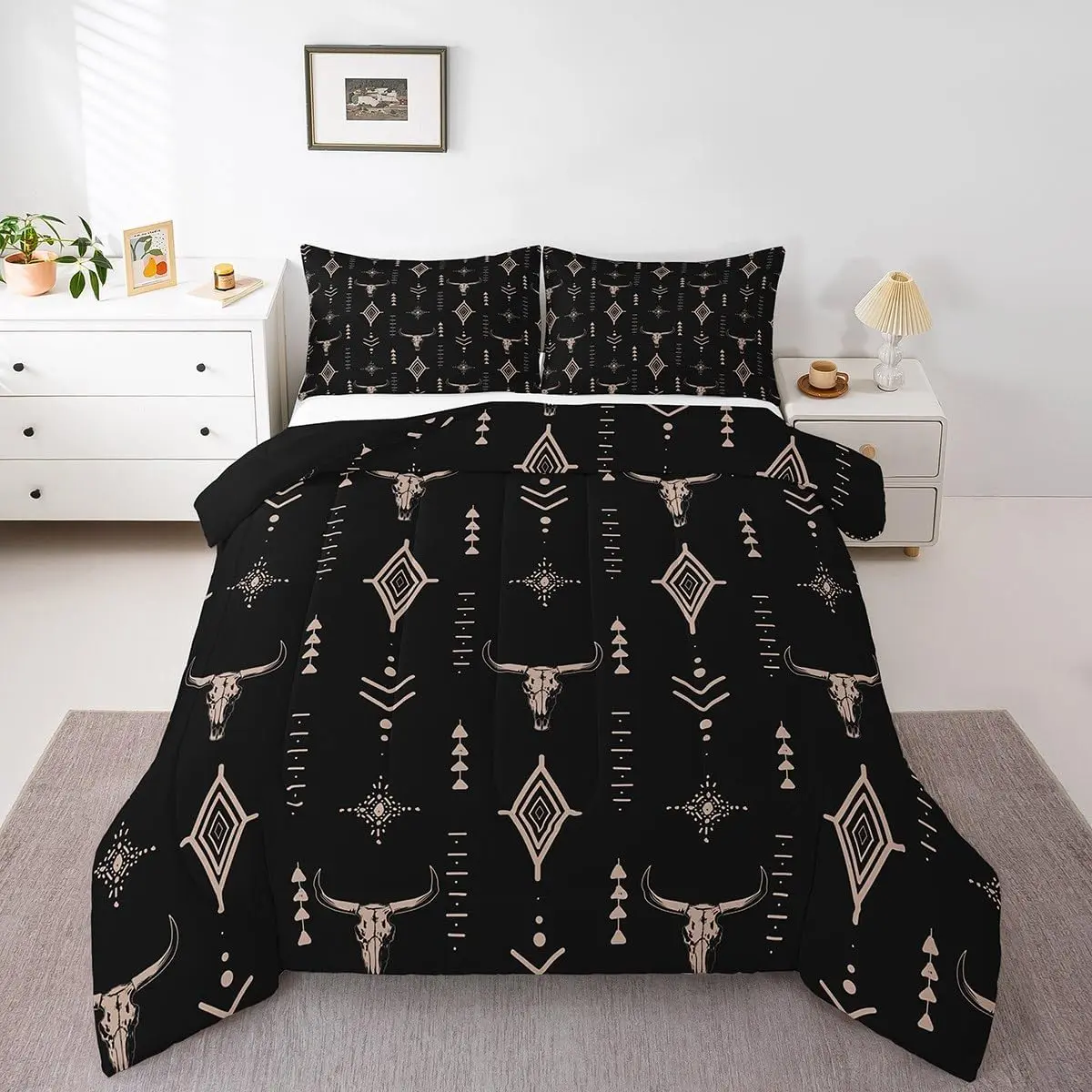 Feelyou Bohemian Quilt Set - Queen Size Boho Aztec Bedding with Bull Skull, Horns, Geometric Aesthetics, Retro Native Black Comforter for Teens, Dry Clean Only, Do Not Bleach