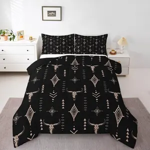 Boho Aztec Comforter Set,Bull Skull Bedding Set for Teens,Western Ethnic Horns Comforter,Geometric Aesthetic Art Native Black Retro Symbol Duvet Quilt
