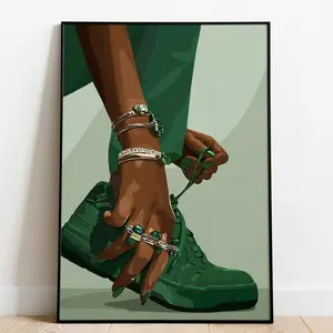 Fashion Girl Wall Art, Wall Decor, Illustration Art, Black Woman Art with Her Shoe, Green Art, Black Art, Minimal Art, Room Decor, Unframed