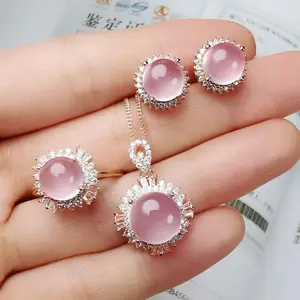 Pink Crystal Jewelry Set, Rose Quartz Ring Necklace Earrings, Full Diamond Open Cuff Ring, Matching Bridal Set, Gift for Women