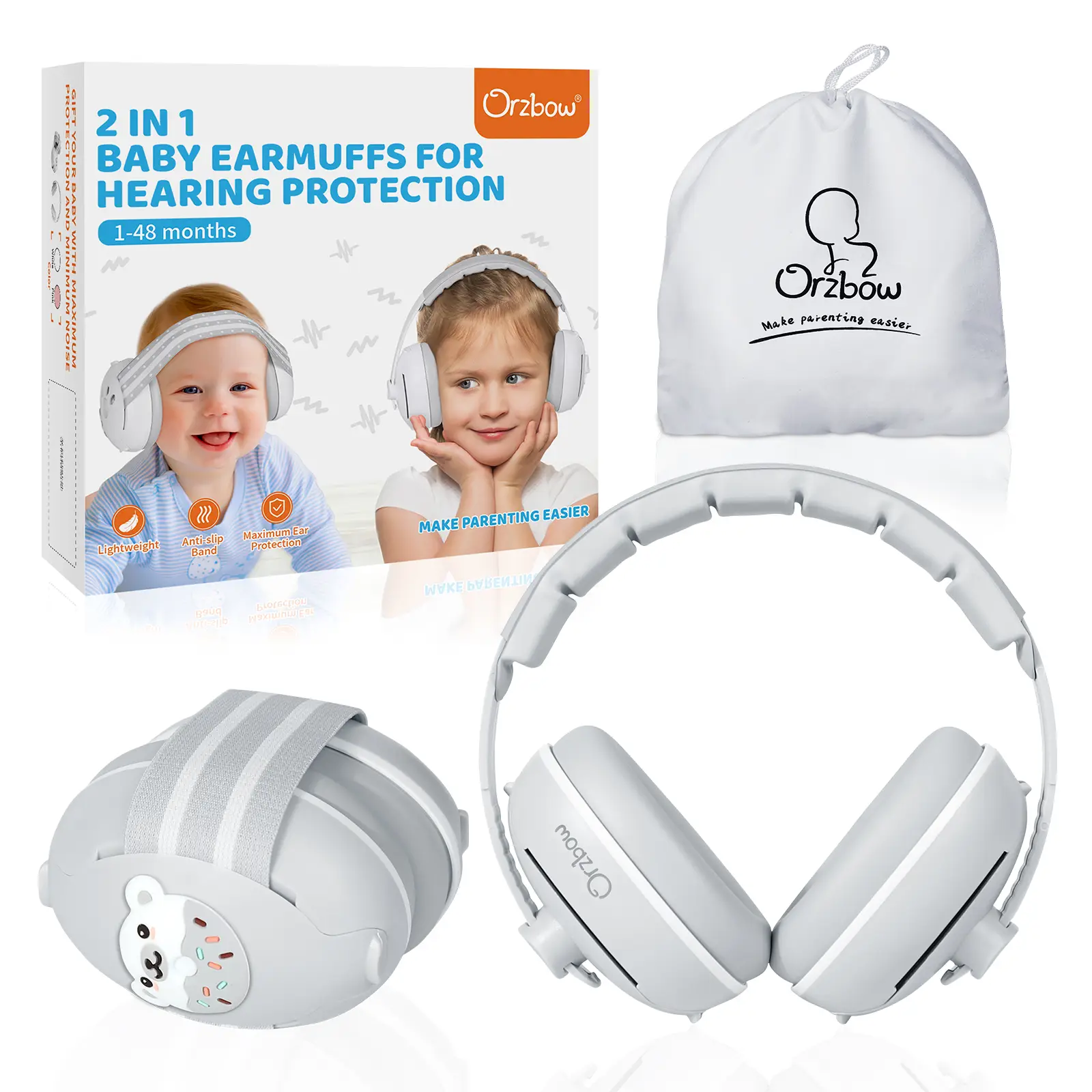 Orzbow 2-in-1 Baby Ear Protection for Babies Infant up to 48 Months Noise Cancelling Headphones with Cute Bear Design Fluffy Earmuffs for Airplane Tra