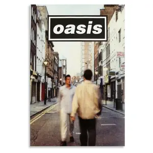 Canvas Wall Art Poster Inspired by The Oasis Album, Measuring 30.48X45.72 cm - Features Bright Colors Like Sky Blue, Ginger Yellow, Mixed Shades, White, Pink, And Black. It'S an Unframed Decor Piece Perfect for Music Lovers in Living Rooms And Bedrooms.