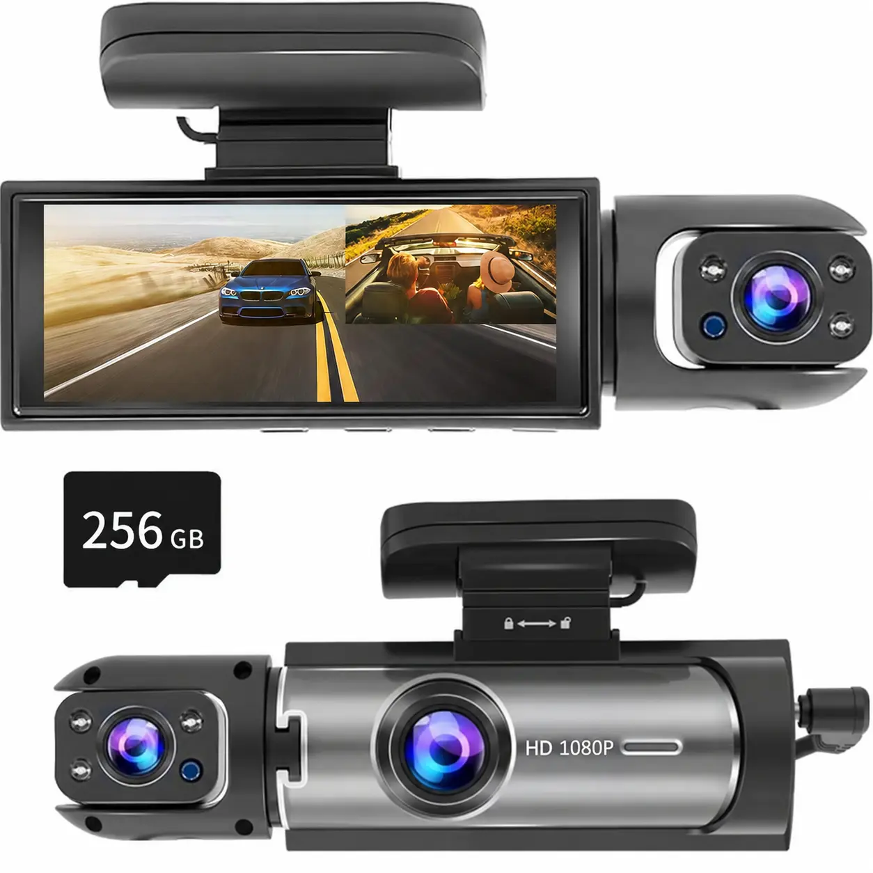 3-Channel Dash Cam for Cars with 256GB Card, Front, Cabin and Rear Cameras, 3.16-Inch HD Display, Infrared Night Vision, G-Sensor, Motion Detection and Seamless Loop Recording
