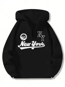 Men's Women's Casual Hooded Sweatshirt, Half-Zip Design, New York Print, Thick Fabric, Fall Winter Fashion, Loose Fit, Street Style