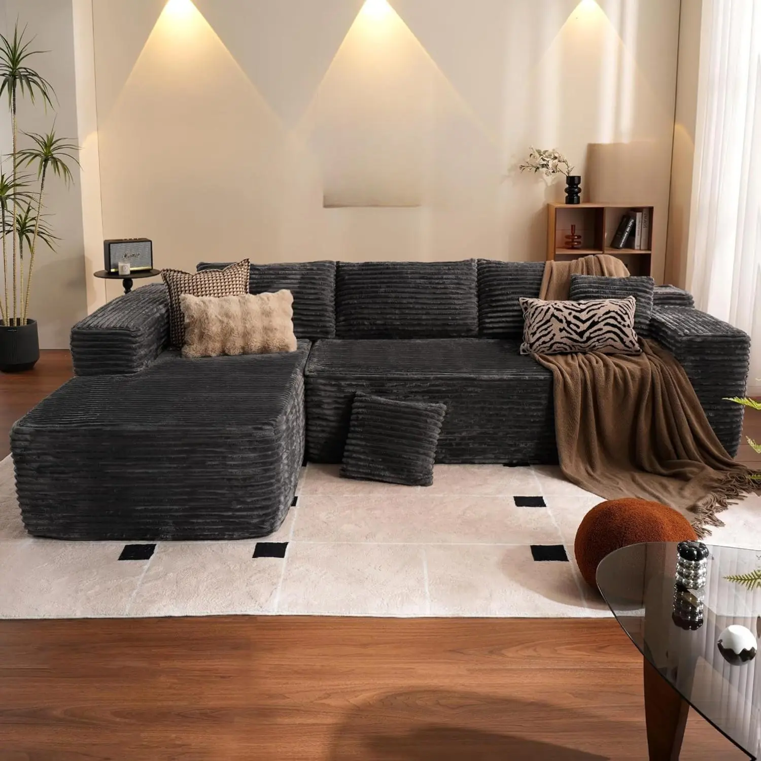ovios 104" Cloud Sectional Couch with L-Shape Chaise,Modern Modular Sofa with Deep Seat, Upholstered Couches for Living Room Bedroom,No Assembly Required, Grey (Plush Corduroy Fabric)