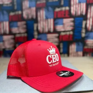 CEO Brand Red Trucker Mesh Hat with Crown Logo and "NO DAYS OFF" Text on Mesh