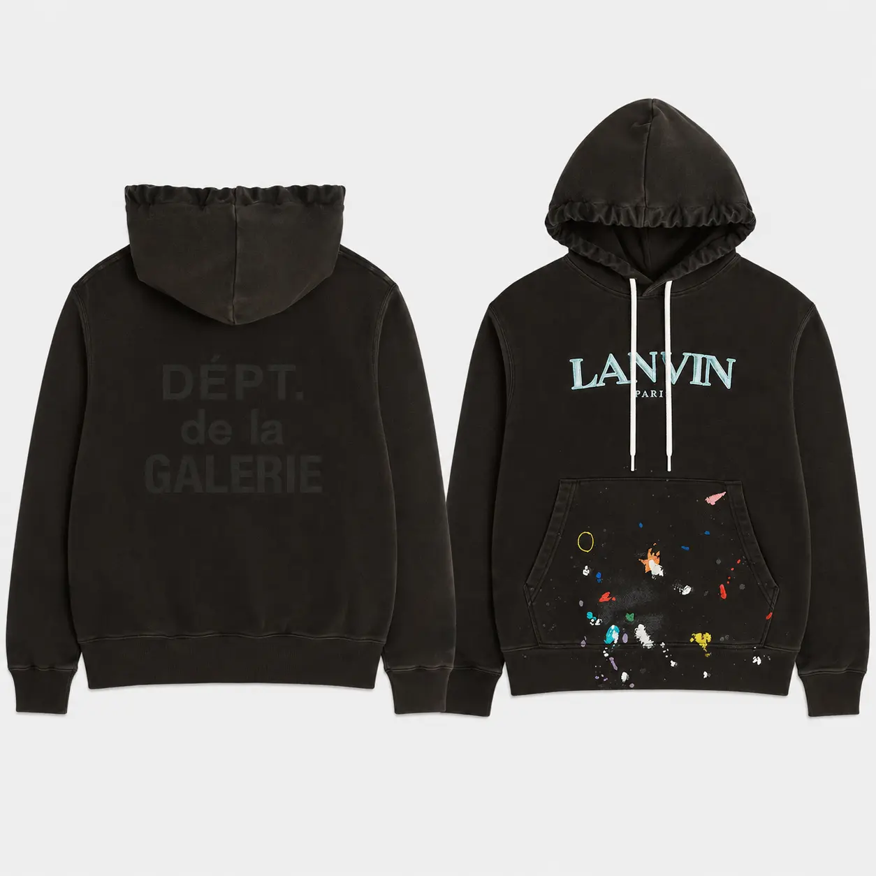 Gallery Dept. x Lanvin Men’s Paint Splatter Pullover Hoodie, Embroidered Logo Streetwear Sweatshirt, Casual Long Sleeve Hoodie with Drawstring Hood