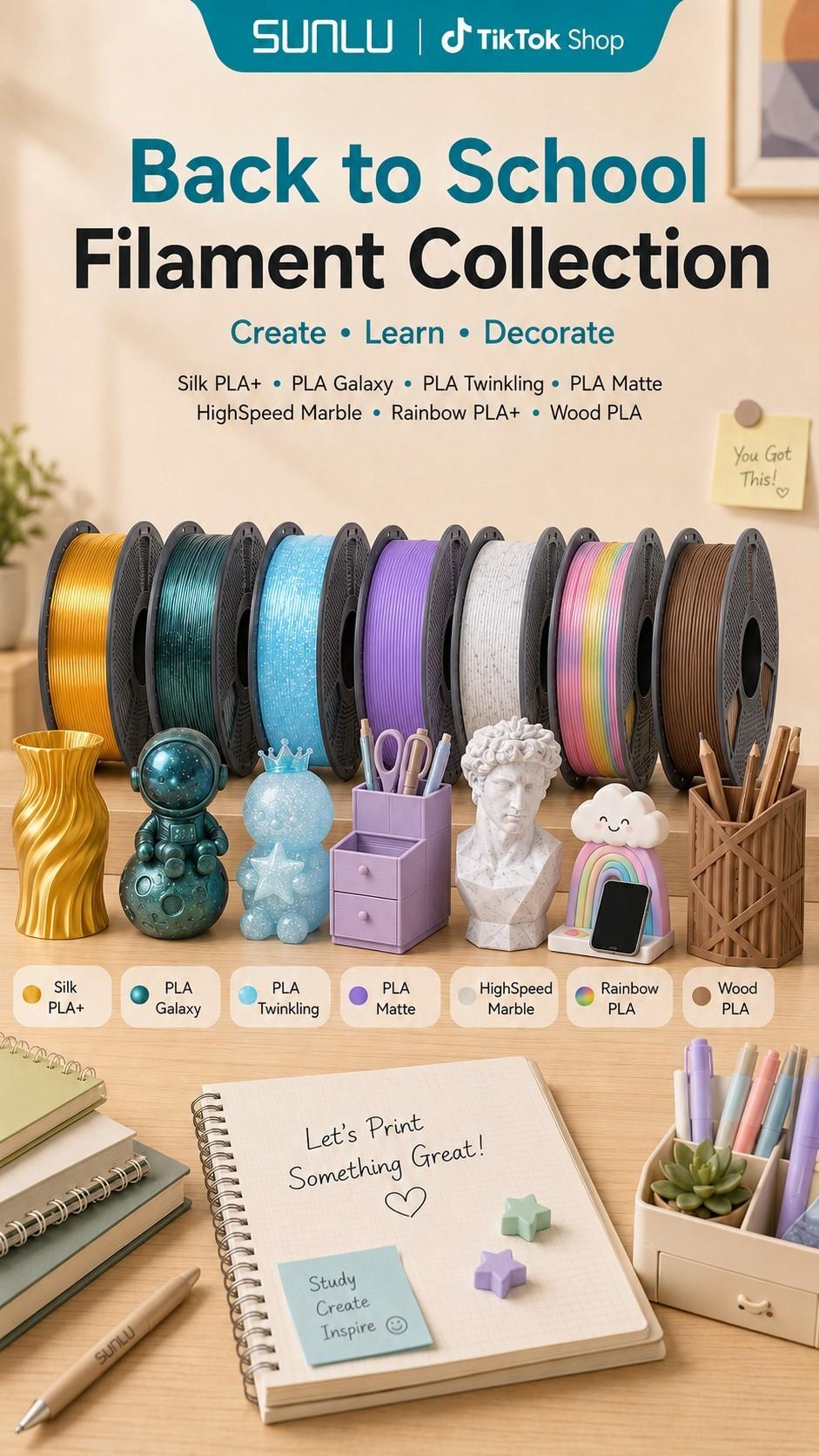 SUNLU 1KG PLA Filament Bundle, 3D Printing Supply with Back to School Aesthetic Options - Mix & Match Galaxy Theme, Twinkling, Marble, Wood, Rainbow, Matte Varieties tiktokshopbacktoschool,back to school,back to school haul