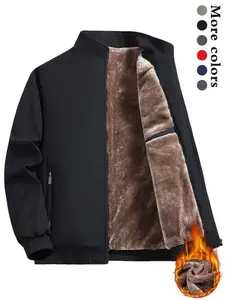 Men's Solid Color Zip Up Thermal Lined Fleece Jacket, Regular Fit Casual Long Sleeve Zip Front Outerwear for Fall & Winter, Men's Clothes for Daily Wear, Coats