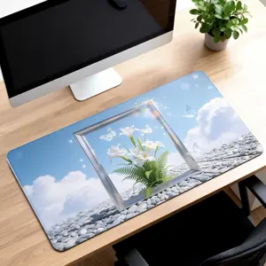 Premium White Lily & Butterflies Silver Frame Illustration Mousepad, 40x80cm Non-Slip Durable Gaming Mousepad for Office Work & Daily Play, High-Quality Comfort Experience