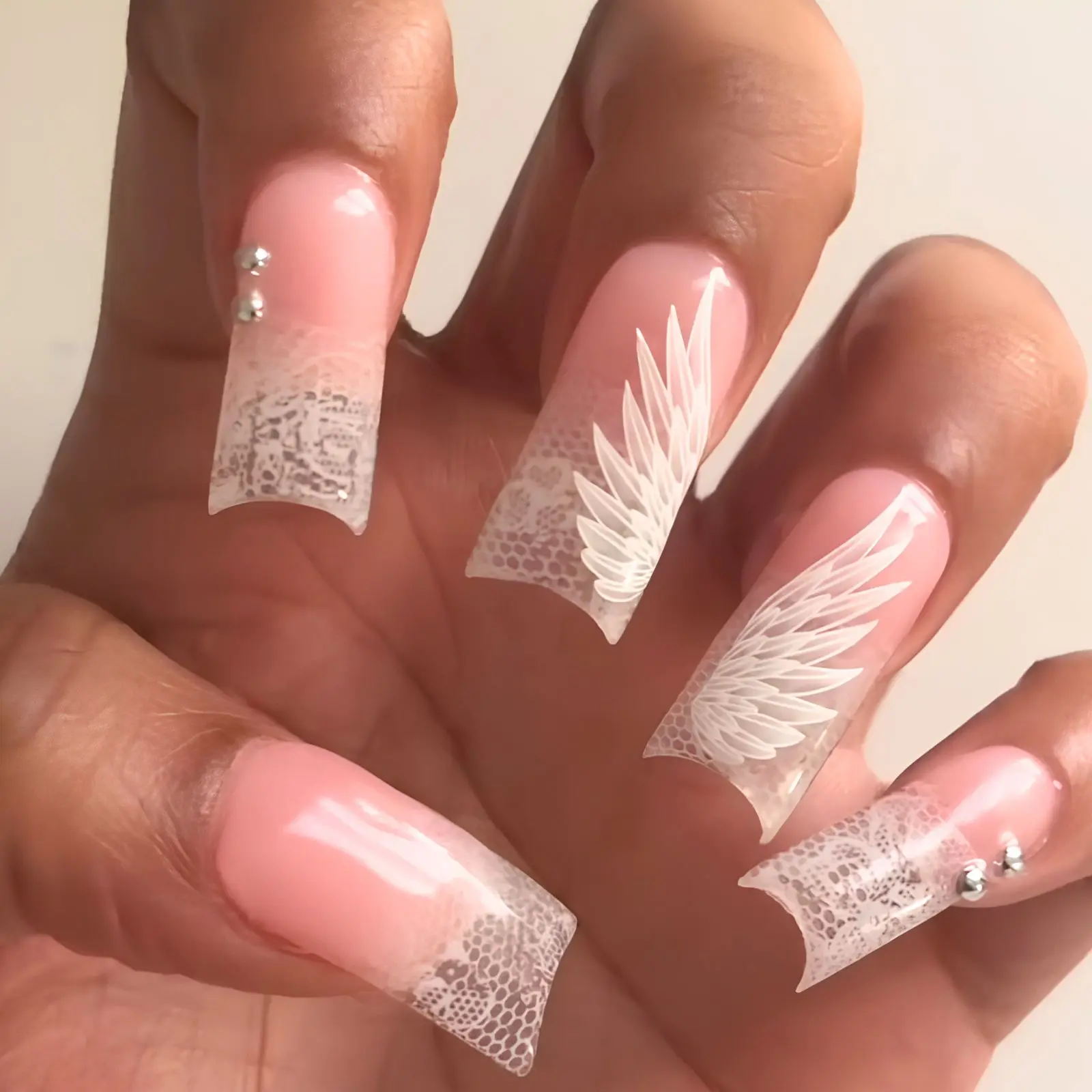 Angel Wings Press On Nails | Pink Lace French Tip Nails | Soft Coquette Nail Art | Dreamy Fairycore Nails