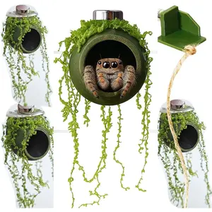 4Pcs Jumping Spider Enclosure Accessories Cocoon-Shaped Jumping Spider Hideaway with Artificial Moss and 1 Pcs Resting Platform Magnetic Small Animal Shelter Toy Army Green