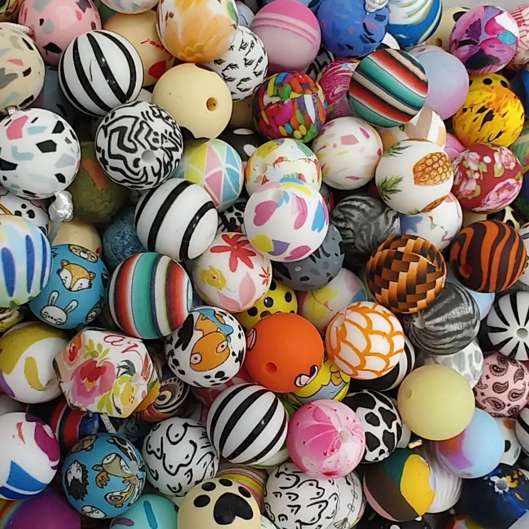 15mm Printed Silicone beads Mixed-20pcs (color random）
