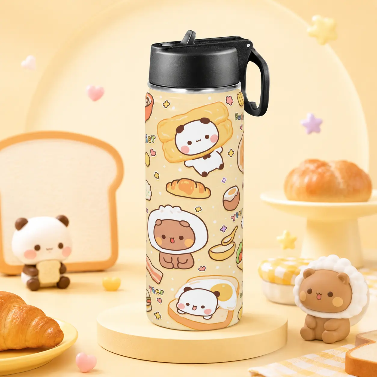 Yier and Bubu 20oz Iced Coffee Tumbler with Lid, Insulated Stainless Steel Reusable Travel Mug, Foldable Straw Tumbler with Handle Lid, Cute Aesthetic Yier and Bubu Drinkware, Cup Holder Friendly for Home Office Travel