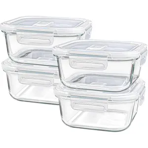 Square Glass Containers with  24oz - Borosilicate Glass  Storage Set 3 Cup, Freezer Safe Meal Prep Containers, Sandwich Lunch Box, Yogurt Cereal Bowls with Vented   4 Pack