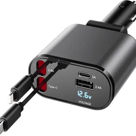 100W 4-in-1 Retractable Car Charger Adapter Cables - USB-C Fast Charging with Lightning Cable, Dual Ports, Car Accessories, Vehicle Accessory, Charger for iPhone 15/14/13 Pro Max Plus, iPad, AirPods, Samsung Galaxy S23/S22/S10, Google Smartphones
