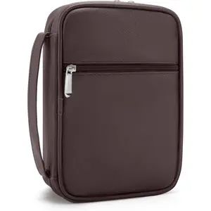 Small Bible Cover Case for Women and Men, 9x6 PU Leather Bible Sleeve, Compact Travel Bible Carrier Bag with Front Pen Holders, Zipper Closure, Inner Pockets - Coffee Brown