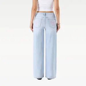 ONESO Women’s Light Blue Jeans with Red Embroidered Back Pockets Casual Womenswear For All Season