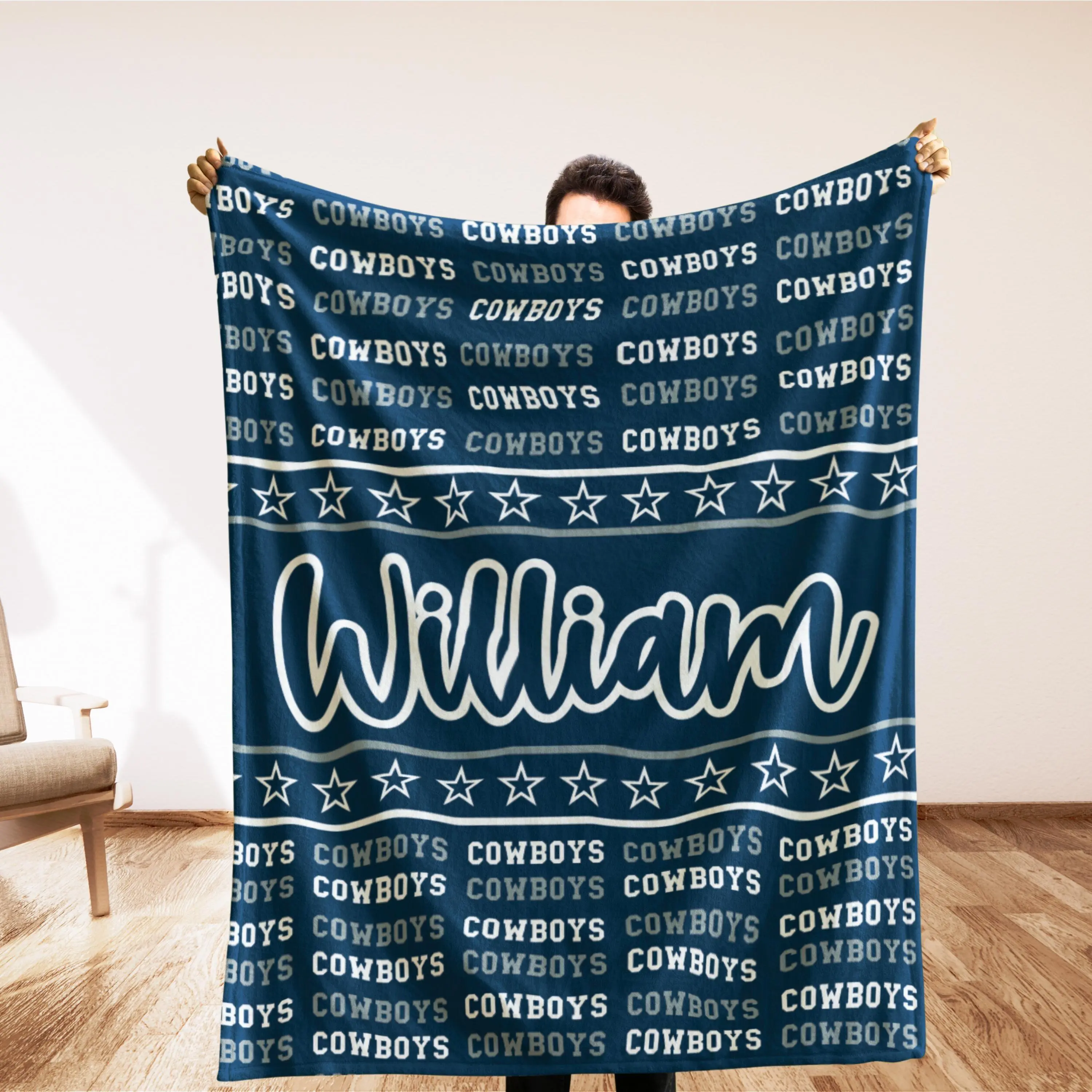 Personalized Football Flannel Throw Blanket with Custom Stadium Design for Football Fans and Dads featuring Name Number Message Sports Bedding, Classic Star Graphic Mancave Decor, Custom Fan Blanket with Dallas Inspired Accent