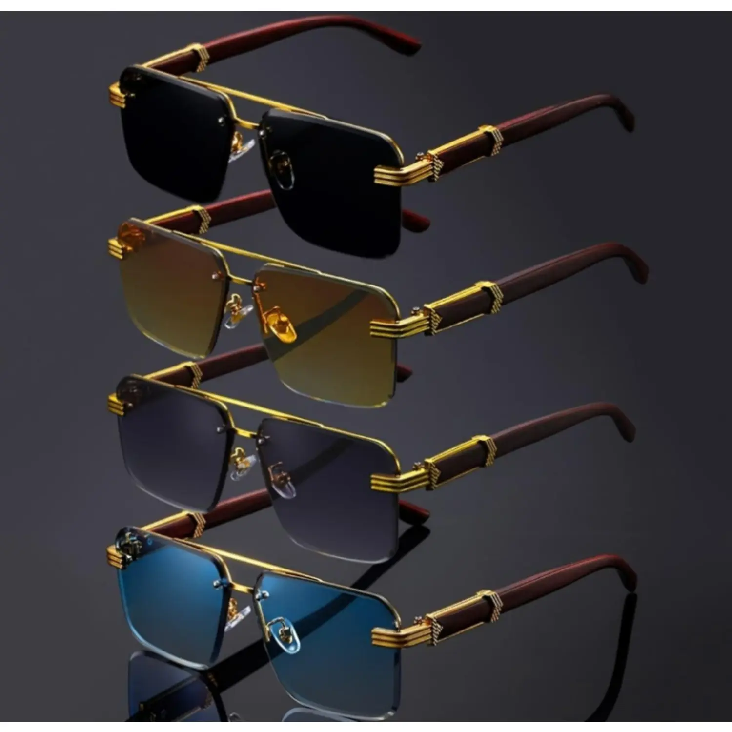4-Piece Lightweight Retro Double Bridge Sunglasses Oversized Frameless Unisex Classic