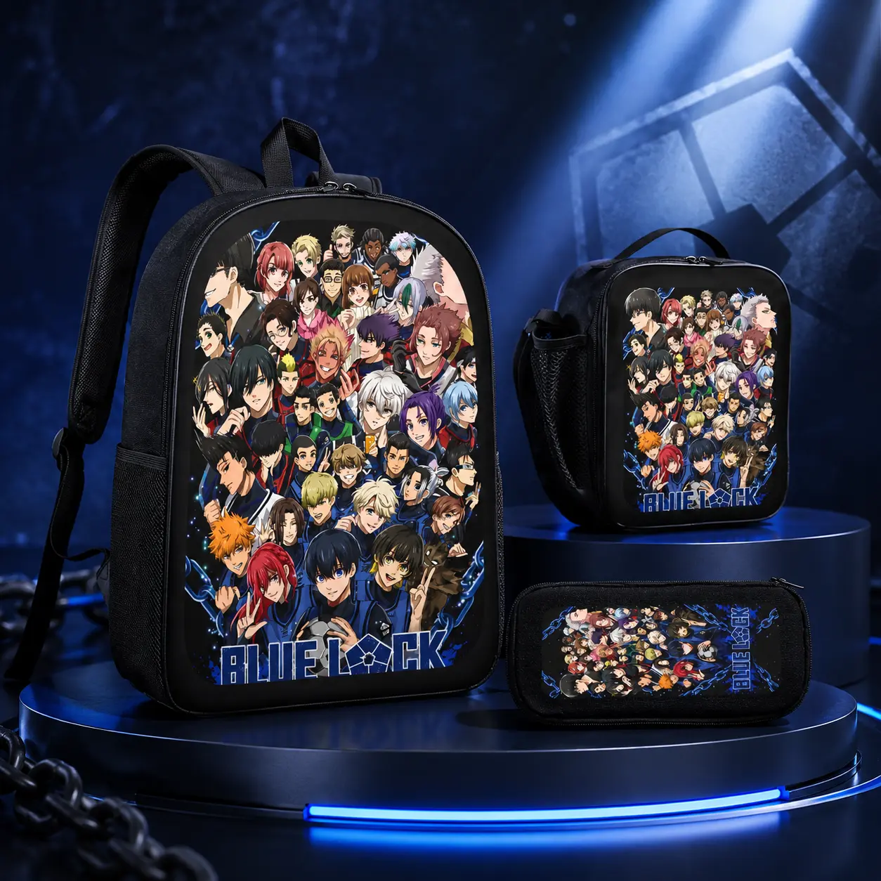 Blue Lock Anime Unisex 3pcs Backpack Set - Black Base, Cartoon Character Print, Lightweight, Adjustable Straps, Zipper Closure, Built-in Organizer, Mesh Panels, Multi-Compartment Casual Bag, Great Gift for Blue Lock Fans