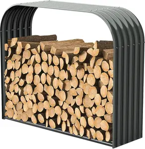 A ANLEOLIFE Galvanized Steel Firewood Storage Shed Outdoor Corrugated Metal Log Rack, Heavy Duty Log holder Lumber Storage Stand -Element Gray