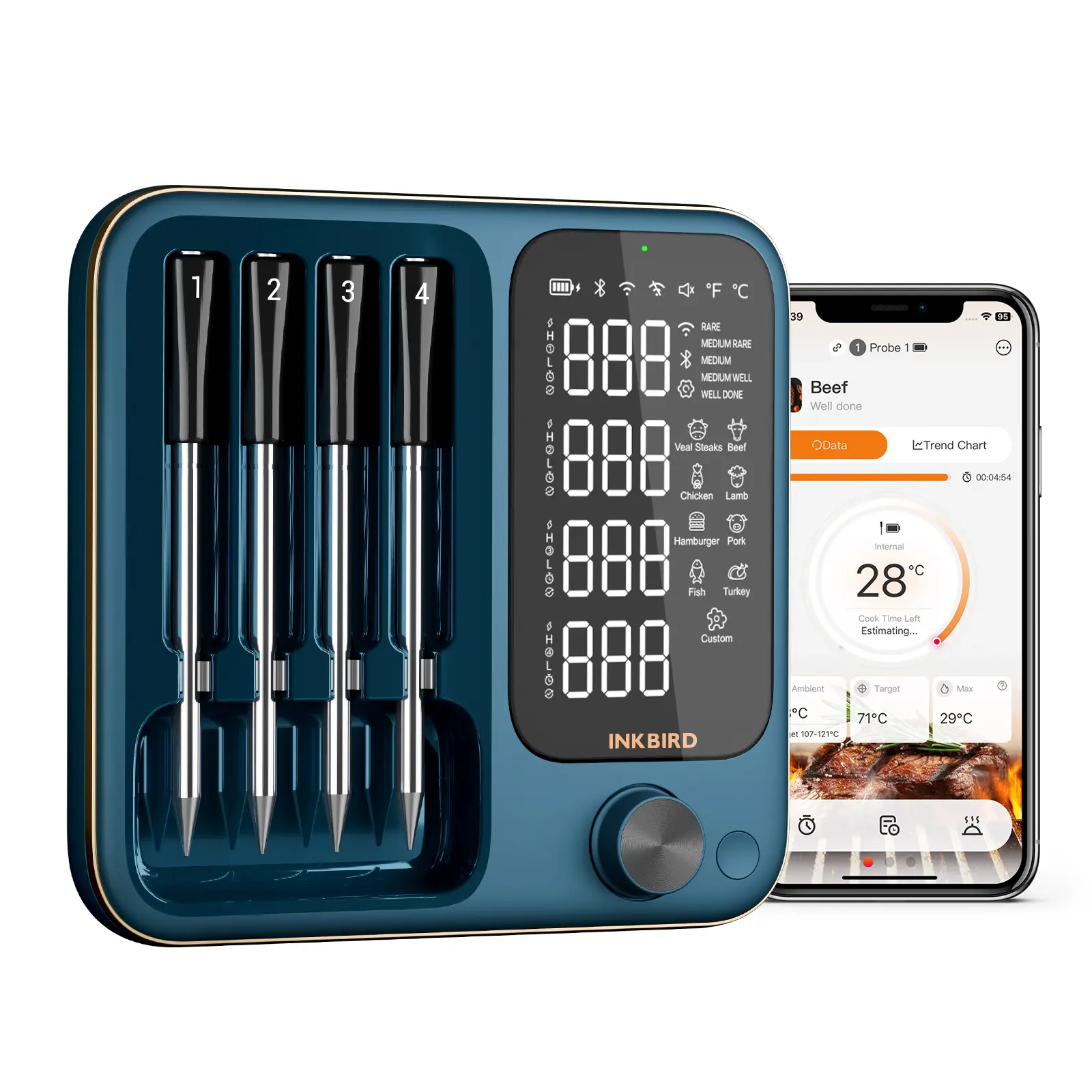 INKBIRD Smart WiFi & Bluetooth Meat Thermometer for BBQ & Cooking, 4 Multi-Sensor Waterproof Probes, NIST-Certified Accuracy, Rechargeable Digital Food Thermometer with LED Display & App Alerts, Ideal Kitchen & Grilling Accessory