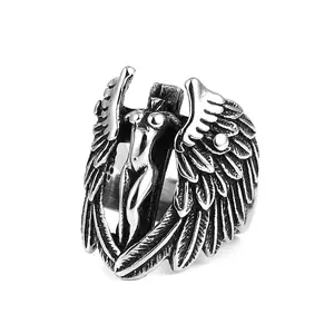 HZMAN Vintage Archangel Goddess Feather Angel Wing Stainless Steel Ring