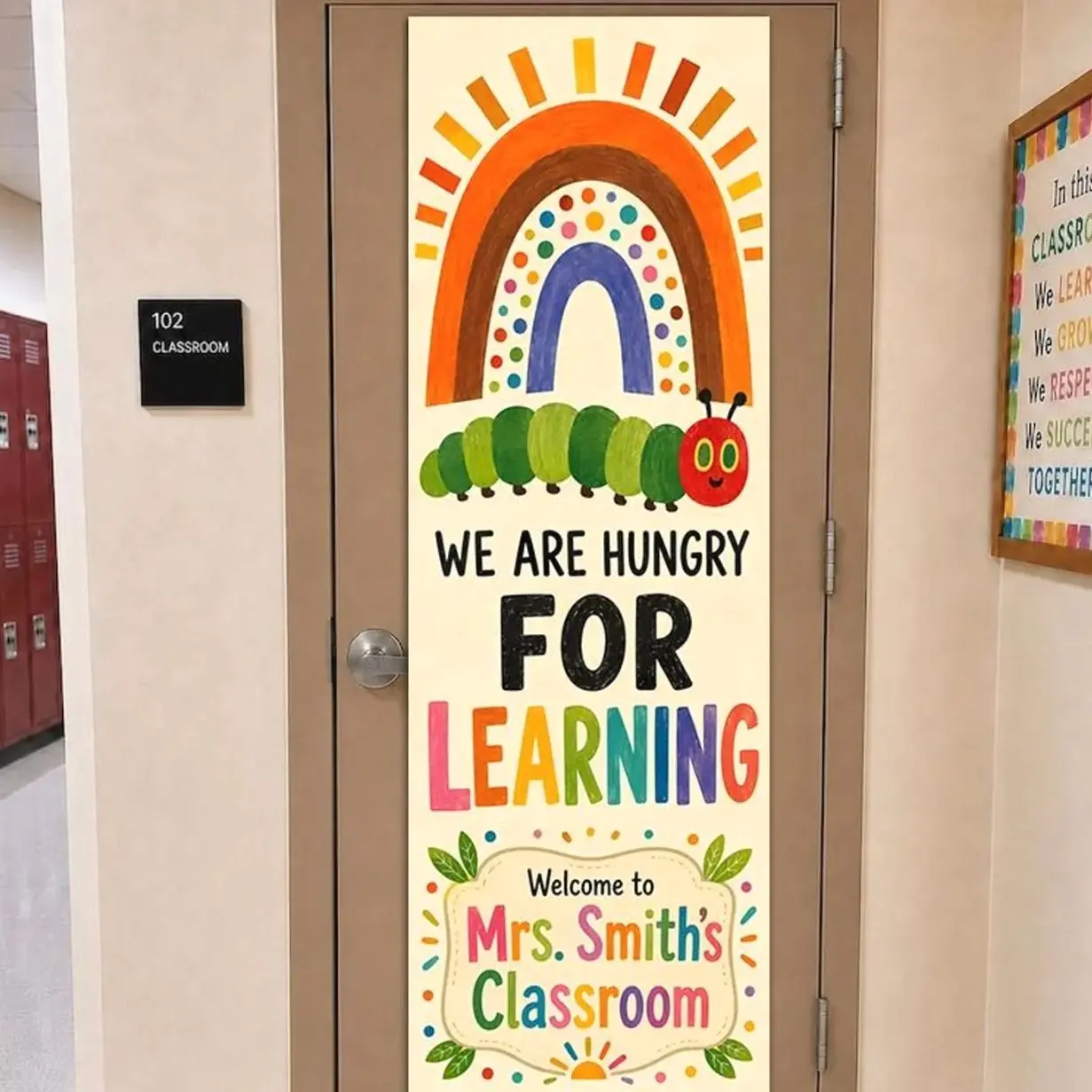Hungry for Learning Linen Door Tapestry, Caterpillar Classroom Banner, Teacher Wall Decor