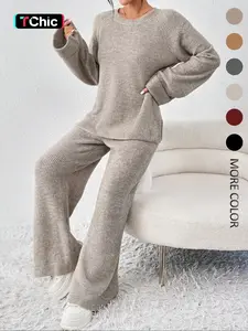 Women's Raglan-Sleeve Split Sweater & Elastic-Waisted Pants Set, Basic Round-Neck Top & Pants Set, Autumn & Winter Clothing for Daily Wear