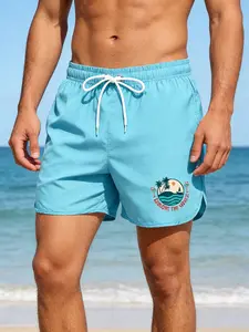 Quick Dry Men's Beach Short Summer Black Drawstring Sports Swimsuit Bathing Suit for Vacation Surfing and Running Surfing Tropical Sailboat & Palm Tree Graphic Print