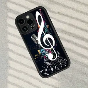 Music Element Pattern Phone Case, Featuring Treble Clef with Microphone and Musical Notes, Hot-Selling Creative Cartoon Design, New Sky Ladder Style Protective Cover, Suitable for iPhone 17 E Air Pro ProMax iPhone16 15 14 Plus 13 12 Mini 11 X XS XR