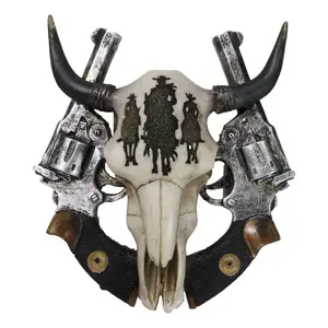 Rustic Western 3 Cowboys On Horses Cow Skull With Dual Pistols Wall Decor Plaque