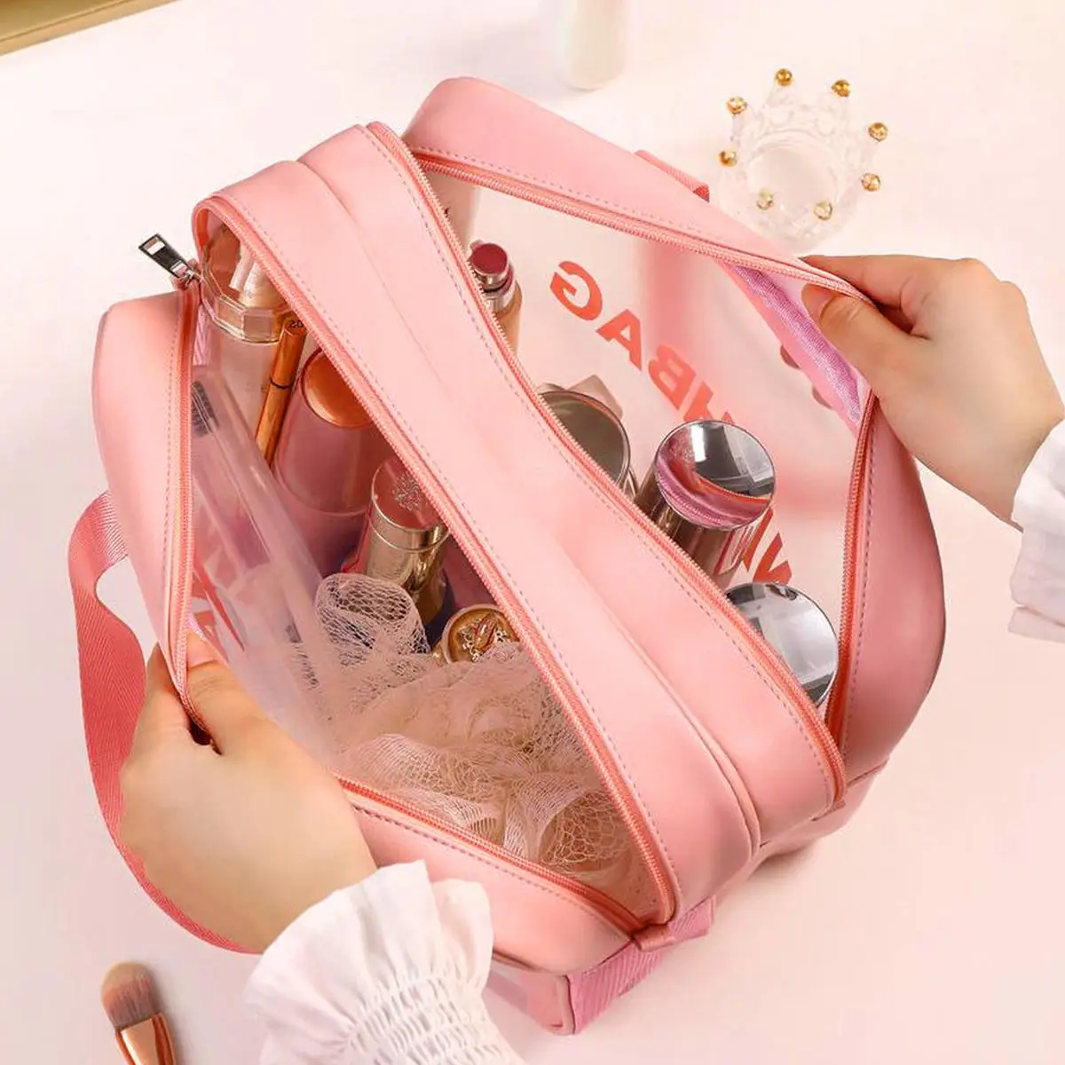 Translucent Zipper Makeup Bag with Handle, Portable Double Layer Travel Washbag, Toiletry Bag, Cosmetics Storage Bag, Summer Makeup