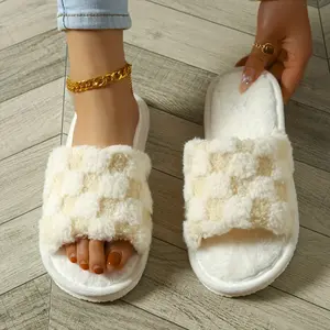 Women's Fuzzy Plaid Open Toe Plush Slippers Slip On Comfy Indoor Bedroom Slides Slippers Round Toe Cotton EVA Soles Warm Home Flipflop Slide for Girls Women & Parents
