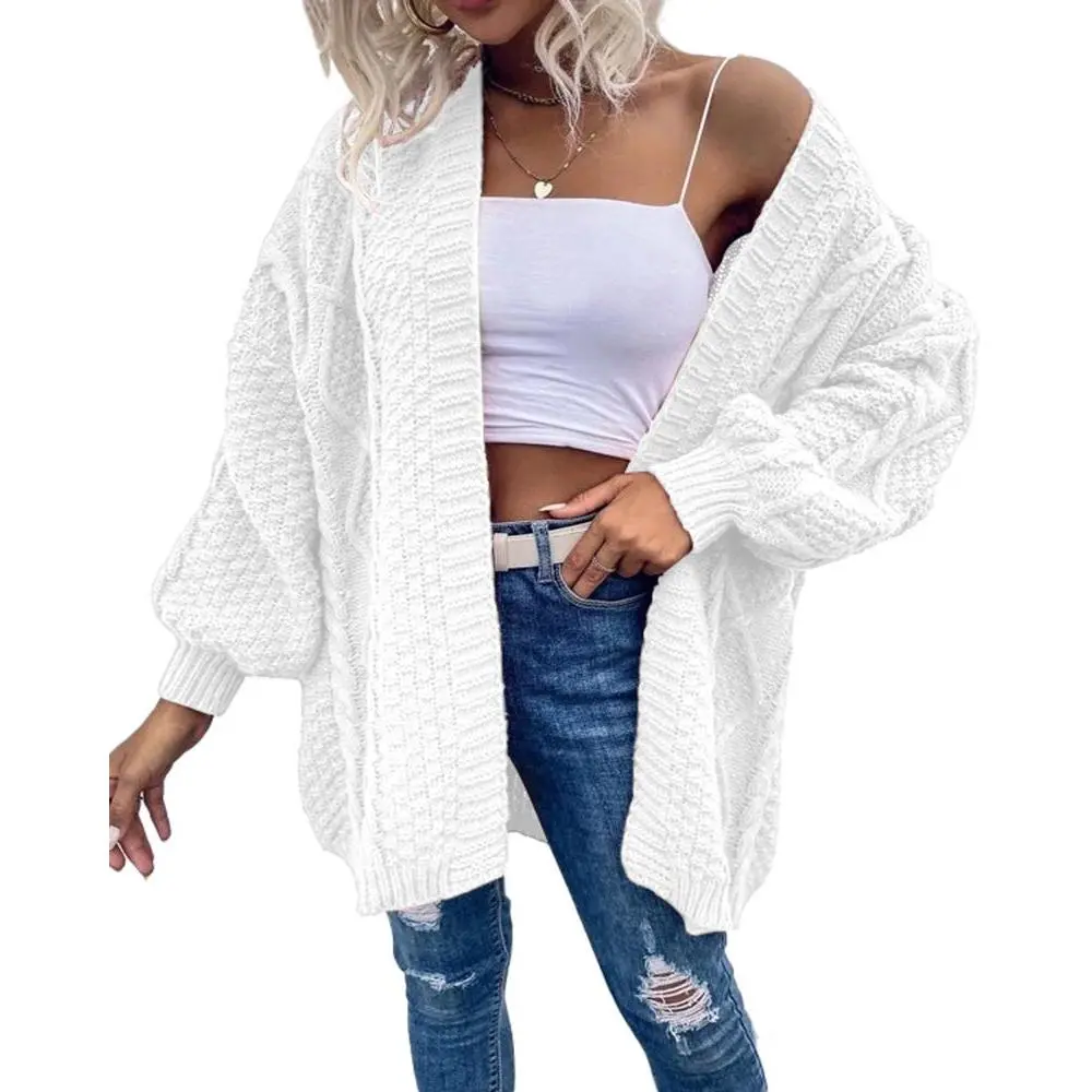 PASLTER Women's Oversized Open-Front Cable Knit Cardigan - Fashion Style, Basic Casual Knitwear, Lantern Long Sleeves, Chunky Outwear Coat