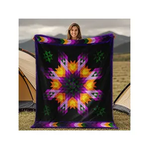 Vibrant Geometric Star - Patterned Fleece Blanket | Colorful Purple, Orange & Green Camping Throw