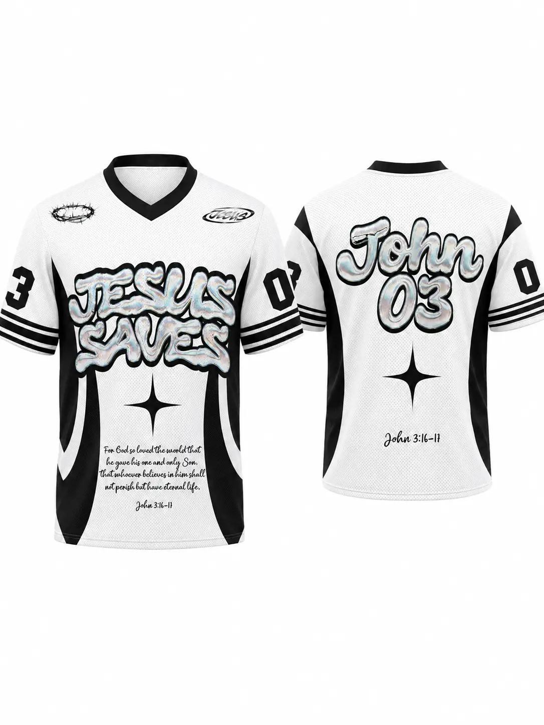 Jesus Saves Christian Mesh Jersey, John 3:16 Bible Verse V-Neck Sports Jersey, Double-Sided Faith Graphic Unisex Breathable Game Day Shirt, Oversized Worship Streetwear Christian Gift, Sizes XXS-7XL