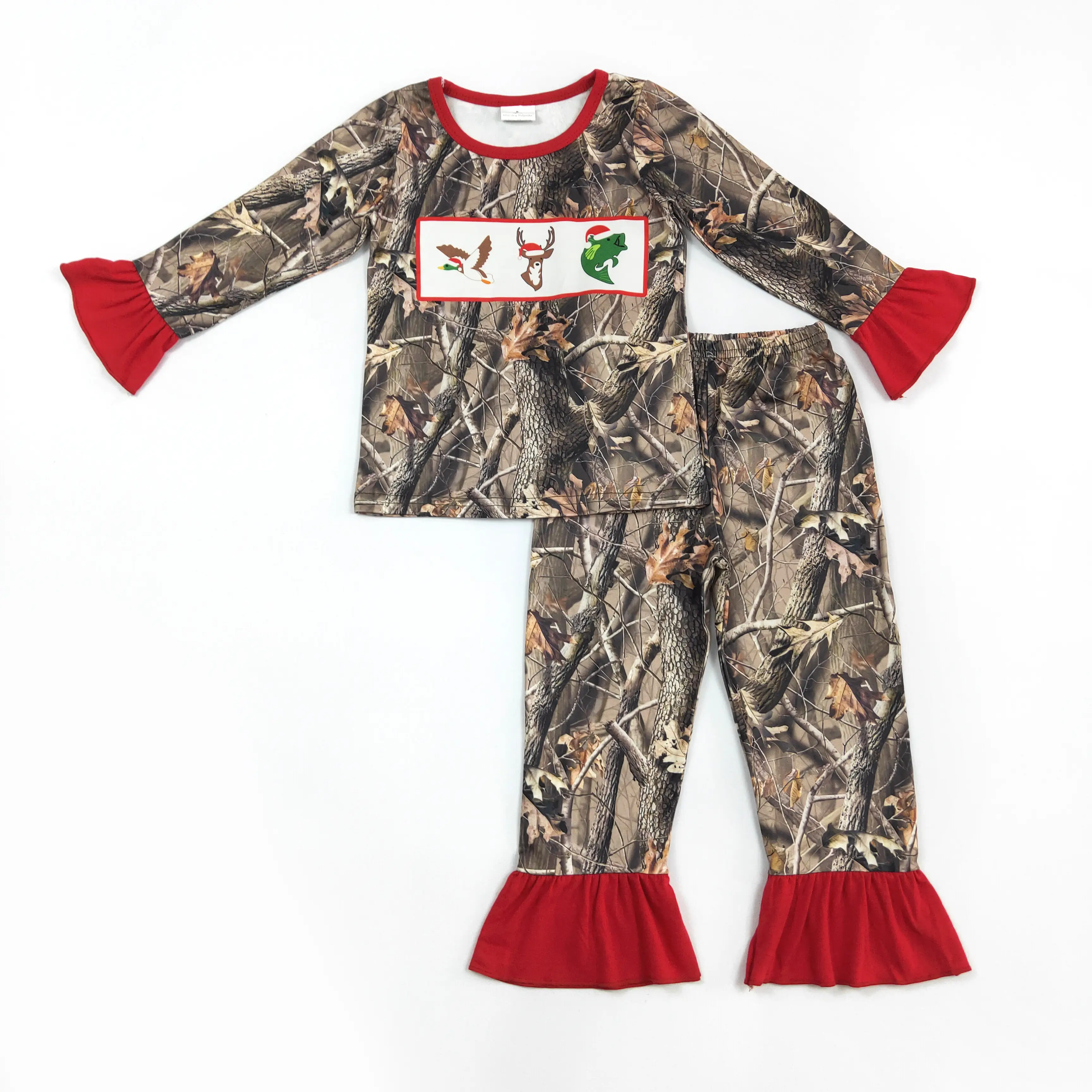 Christmas Camo Duck Deer Long Sleeve Ruffle Kids Pajamas