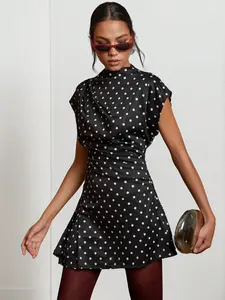 Women's Polka Dot Mini Dress - Casual Stand Collar Allover Print, Minimalist Daily Wear Outfit, Machine Washable, Woven Fabric, High Waist Design