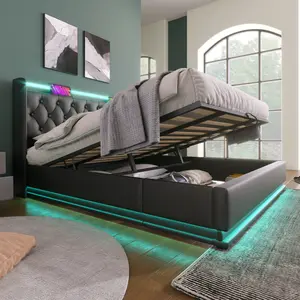 King Size Platform Bed Frame with 360 Surround LED Lights, Buttons, Apps or Remote Control, USB Type-C Charging, Lift Up Storage Bed Frame King size with Upholstered Headboard, King Storage Bed for Bedroom, Black